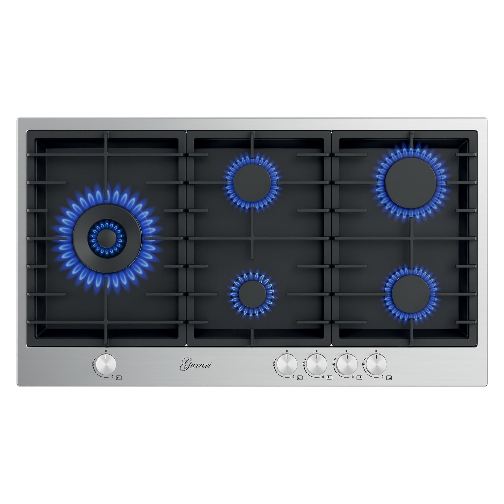 Gurari Gaskochfeld 90 cm Edelstahl/Schwarz TY905VPGC Einbau Gasherd mit 5 Flammen • WOK-Brenner 4,0 kW • Erdgas & Propan (FL.Gas) • Massive Gusseisenroste • Modernes Design • Profi-Qualität