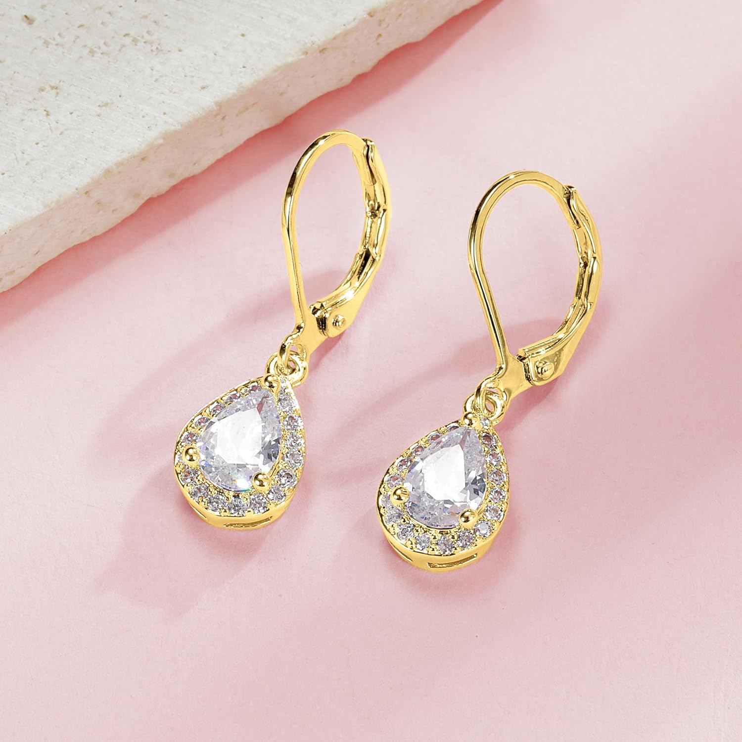 Dangle Earrings 18K Yellow Gold Plated Princess Halo Teardrop Cut Clear Cubic Zirconia Drop Earrings for Women Hypoallergenic - Image 2