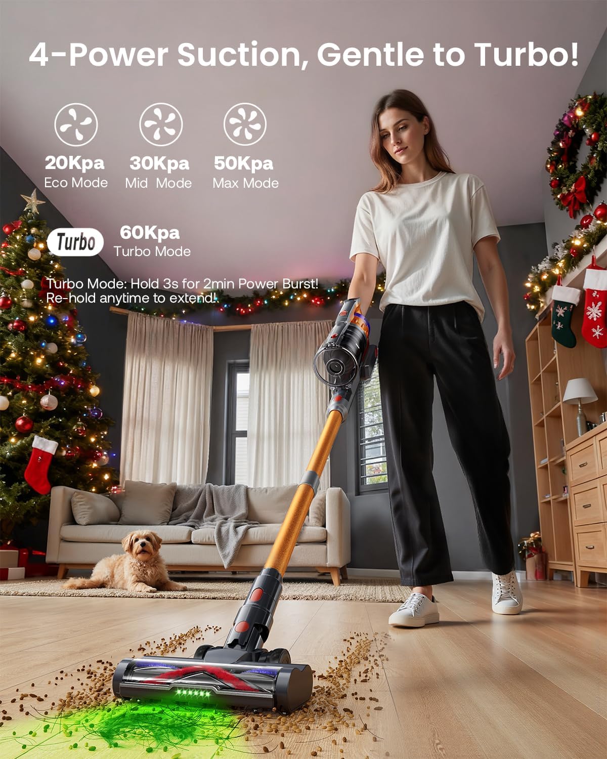 Cordless Vacuum Cleaner for Home, Upgraded 60Kpa Powerful Suction Pet Hair Vacuum with 70min Runtime, Green LED Light for Hardwood Floors & Carpet, Self-Standing Rechargeable Stick Vacuum, Golden