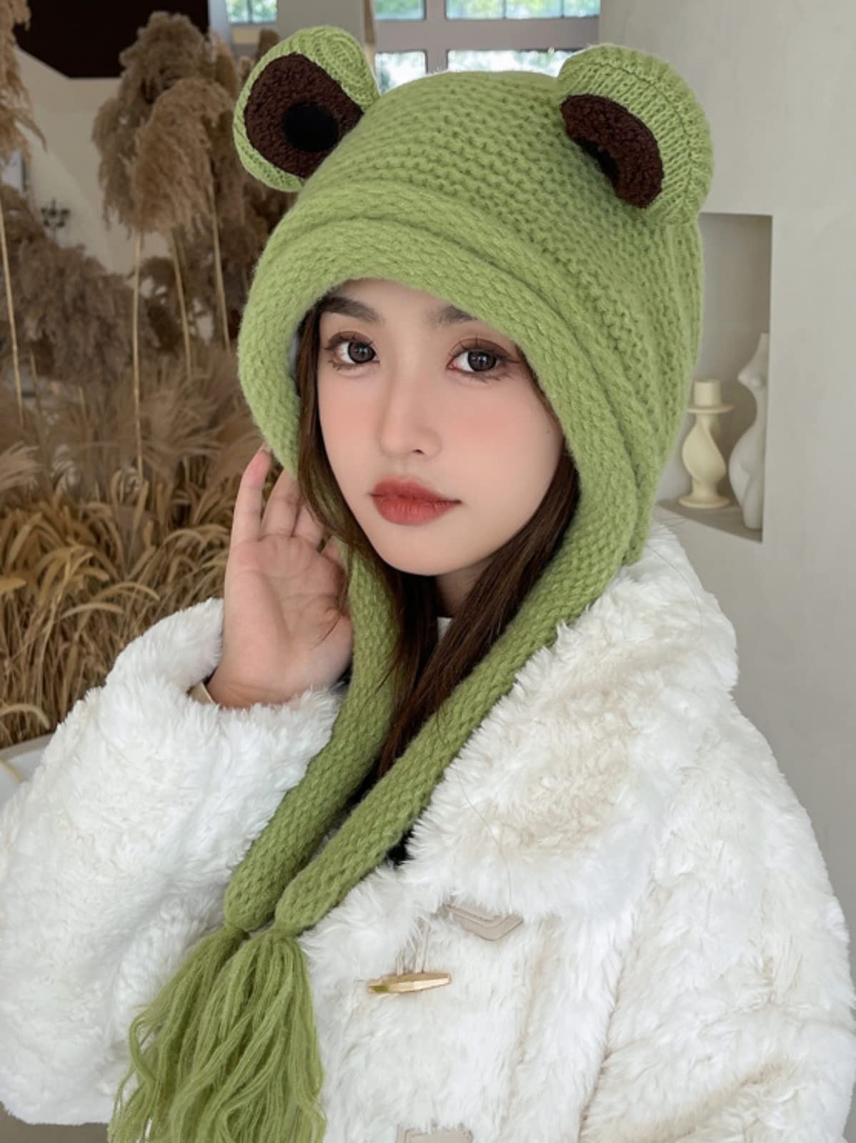 Frog Hats Adult Cute Beanie Crochet Knitted Hat Big Eye Frog Winter Ear Warmer Protective Beanie Hats Caps Outdoors Autumn Green