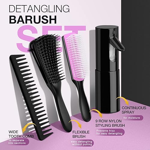 Miniatura 6 de Hommtina Juego de cepillos desenredantes con botella de spray para cabello rizado, juego de cepillos para botellas para mujeres y niños (3 unidades,