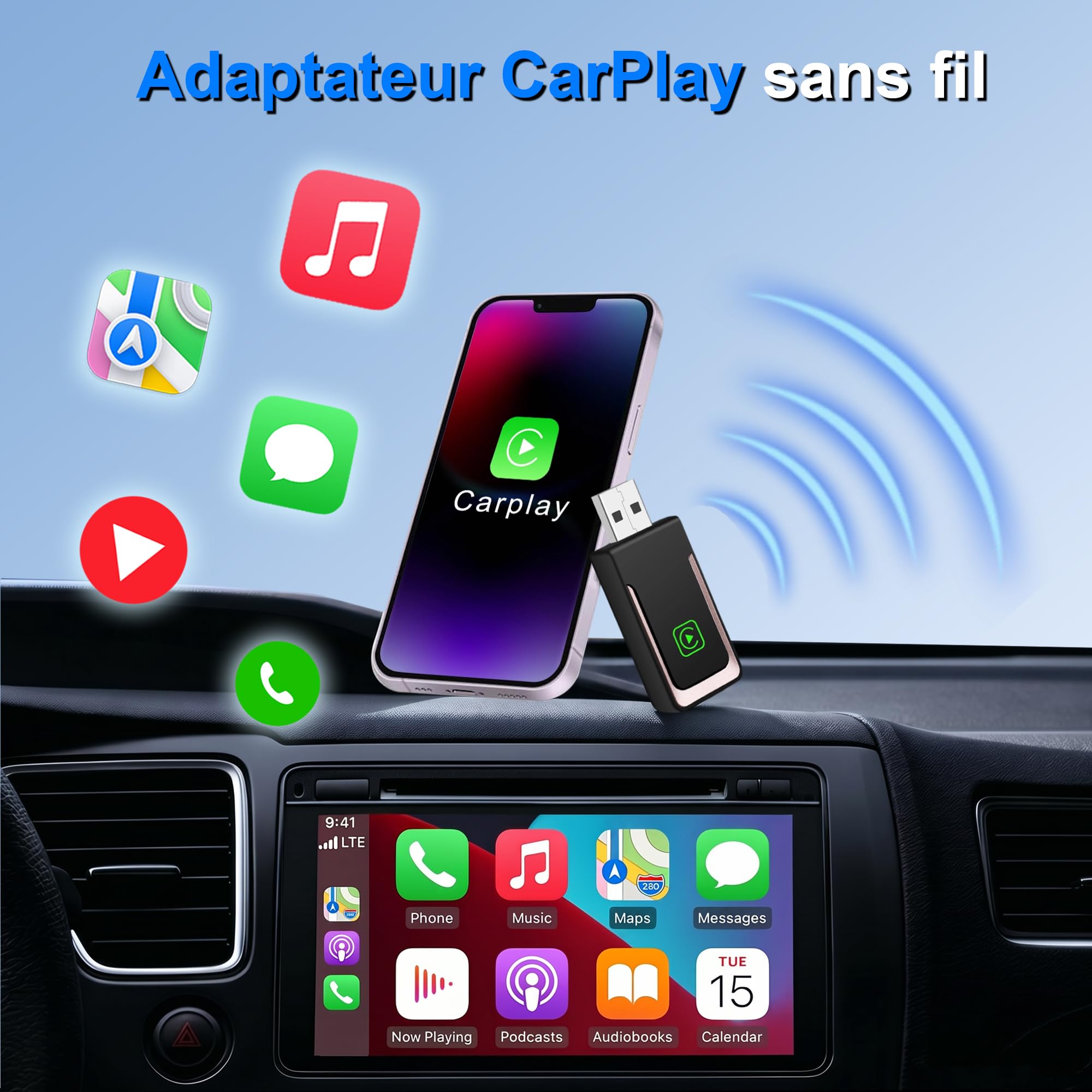 Adaptateur Carplayy sans Fil, Mini clé USB Carplayy sans Fil, Plug and Play, Compatible avec Les Voitures fonctionnant sous iOS 10+ et Carplayy (Rose)