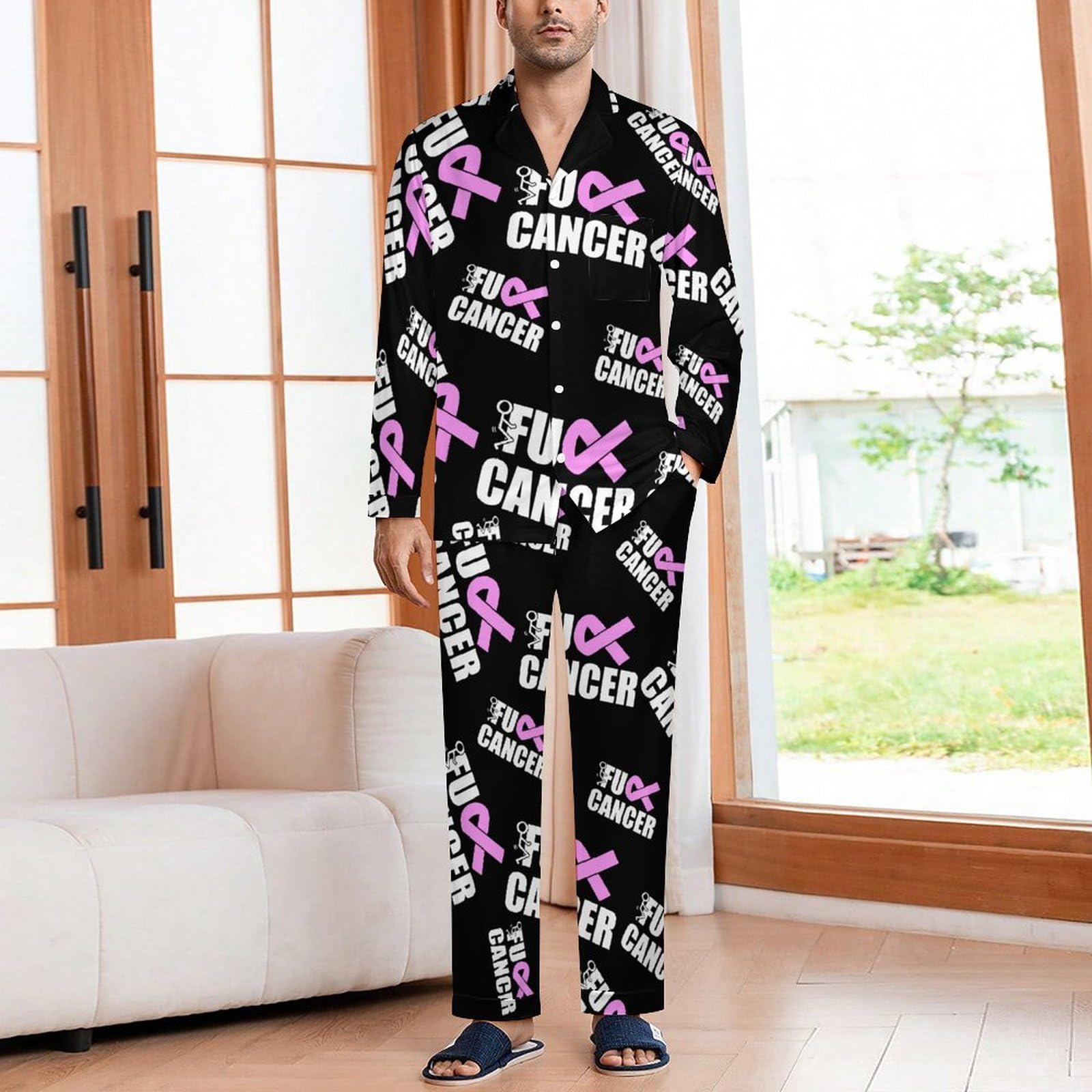 Fuck Cancer Funny Men's Pajamas Set Soft Loungewear Pjs Long Sleeve Cuban Shirt with Pajama Pants L