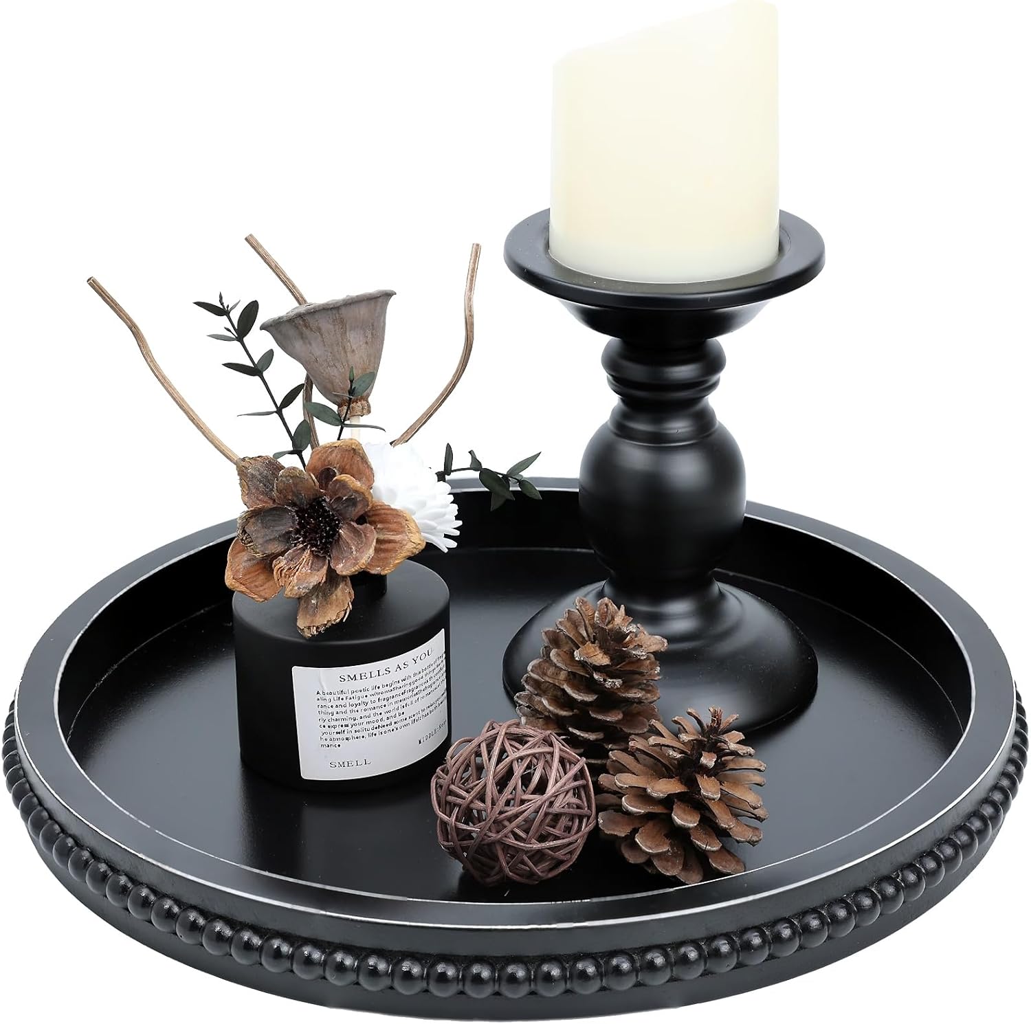 Hrastany Black Round Wood Decorative Ottoman Tray for Coffee Table Kitchen Counter, Living Room, Handcrafted Wooden Serving Tray for Table Centerpiece