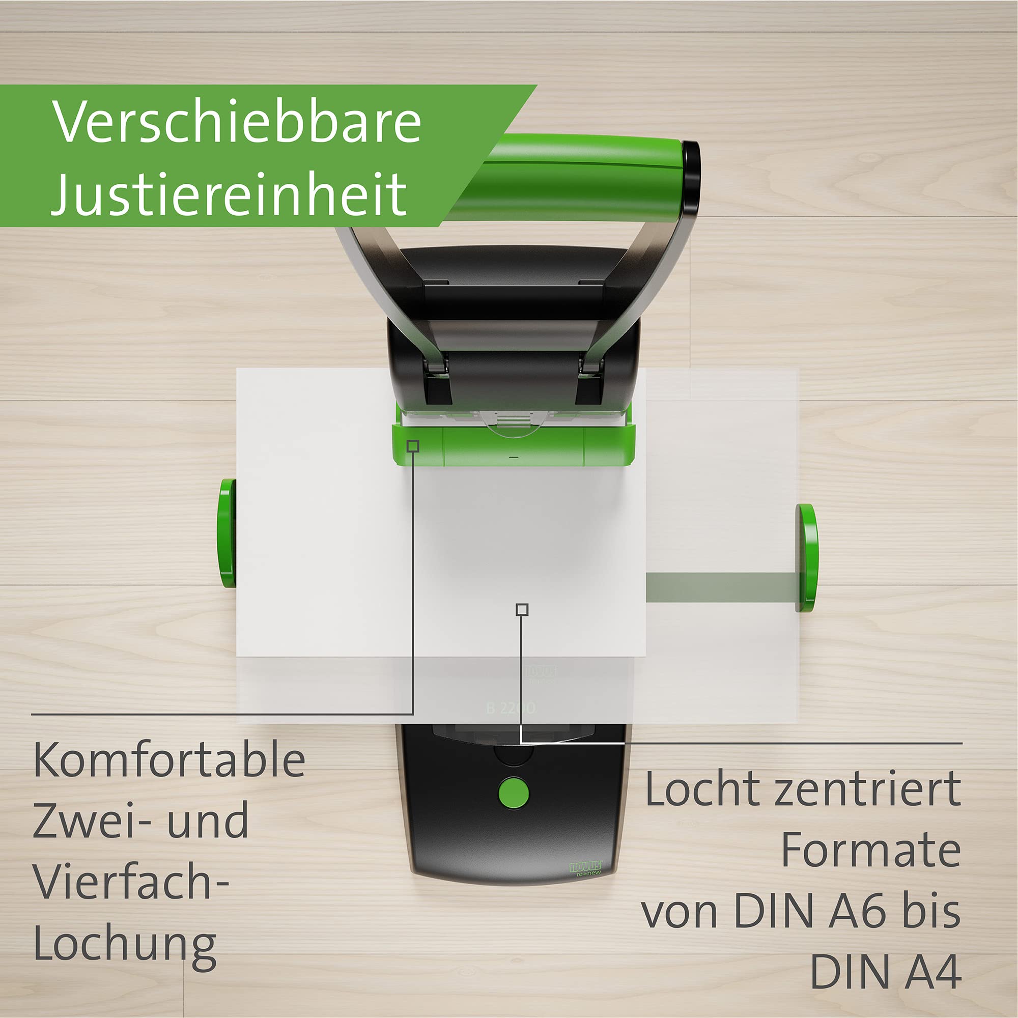 Novus B 2200 re+new Blocklocher, 200 Blatt, schwarz-grün | Zwei- und Vierfach-Lochung, Vollmetallgerät mit Kunststoffummantelung aus 71% recyceltem Kunststoff