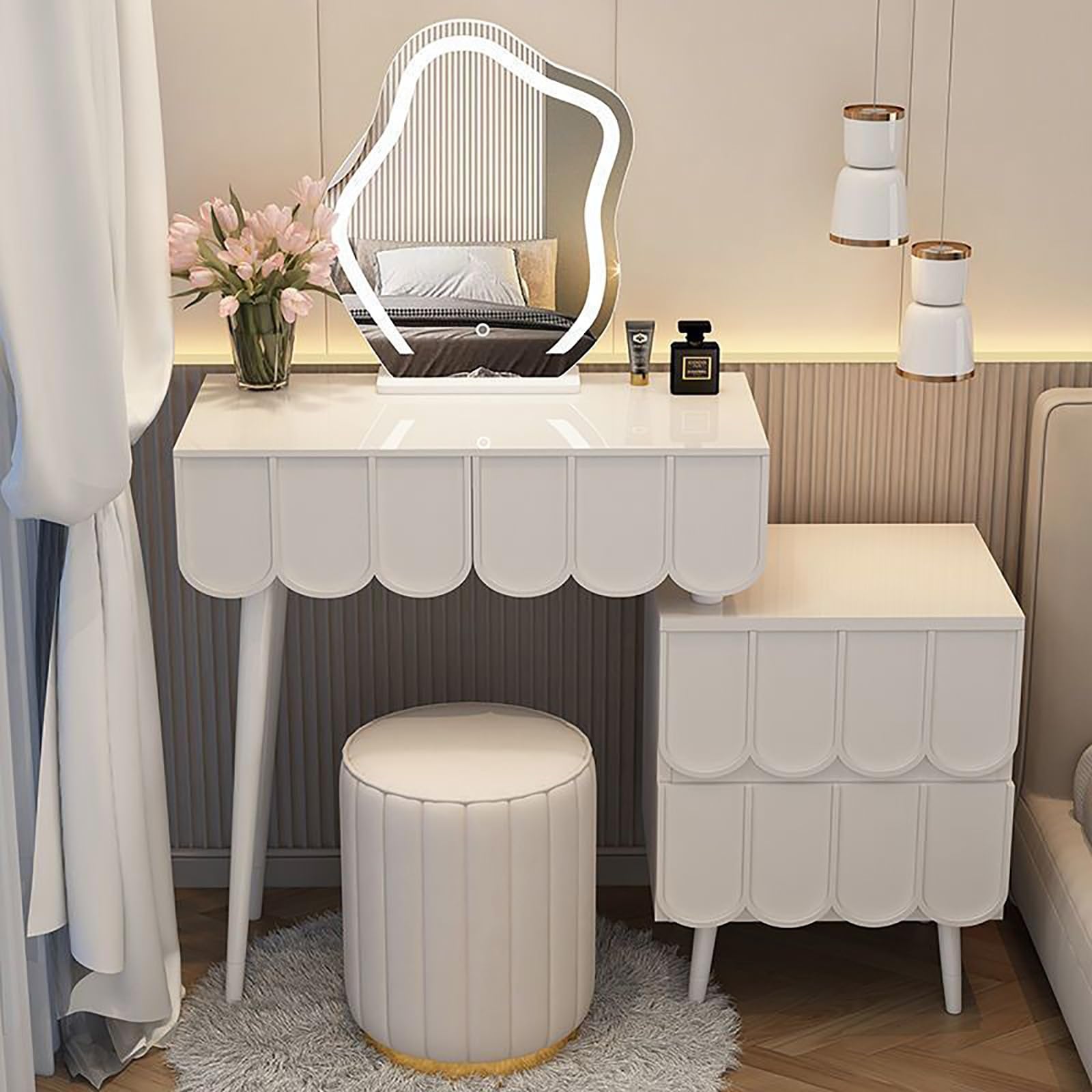asdchZen Lighted Vanity Set With Mirror, Makeup Table & Nightstand, 3 Color Lighting Dressing Table For Bedroom, White, 120Cm-Elegant Storage & Style,White-120cm