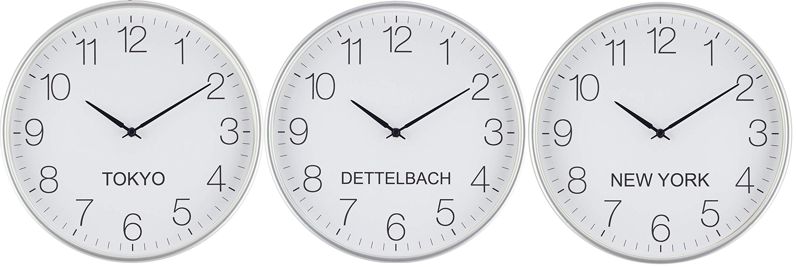 Eurotime Weltzeituhr Quarz 30 cm Kunststoffgehäuse Silber, Städtenamen frei gestaltbar, geräuscharmes Werk, kein Ticken, für Büro, Haushalt, Hobbyraum, Hotel etc; DREI Uhren im Set, 82800-07W3