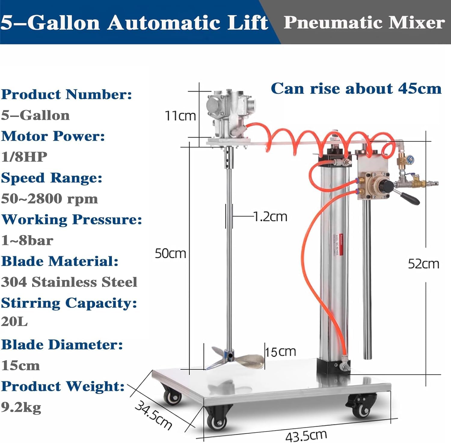 Miscelatore per Vernici, Miscelatore Pneumatico da 5 galloni 1/8HP, agitatore ad Aria di Sollevamento Automatico, Altezza Regolabile, per la miscelazione d(