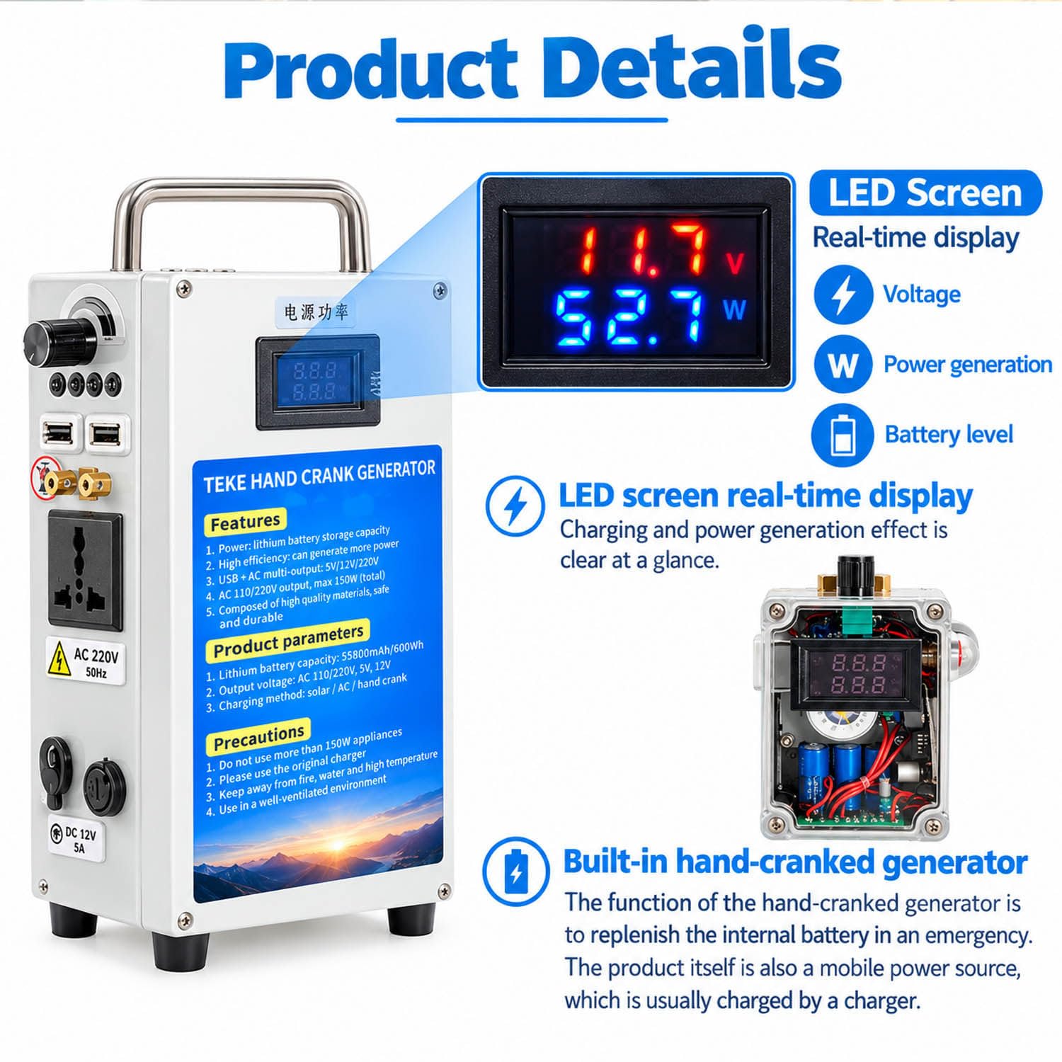 Estación de energía de Respaldo para emergencias, generador Manual Recargable por manivela con Toma de CA y Puertos USB duales, para Suministro de energía en Exteriores. 27AH/200W-110v