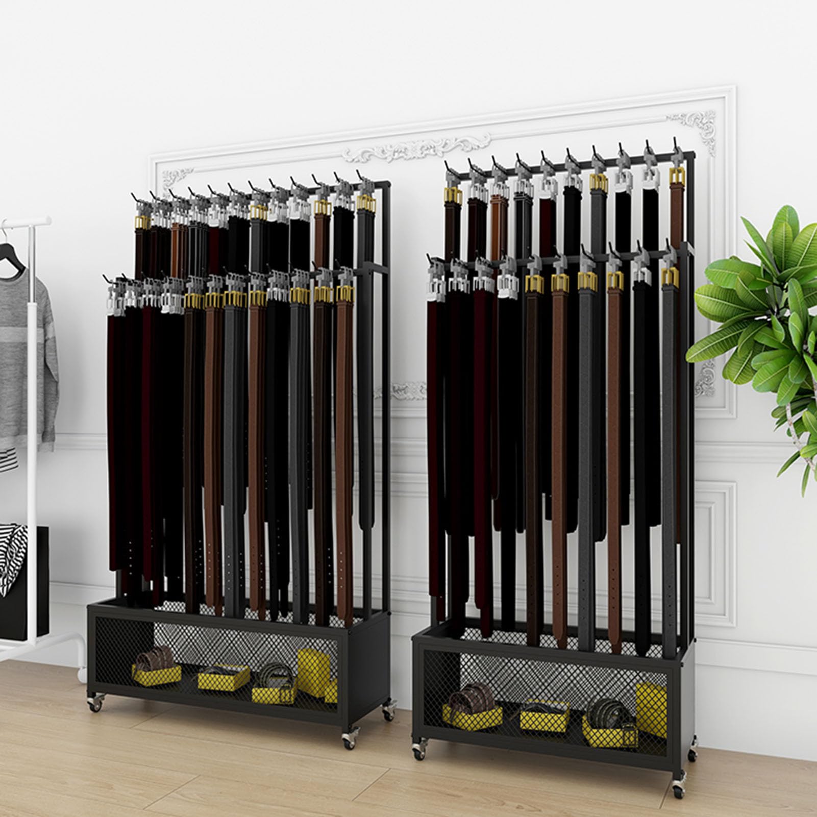 Soporte de exhibición de cinturón de metal de 2 niveles, organizador resistente de bufandas y chales para tienda de ropa, colgador de cinturón de armario para el hogar