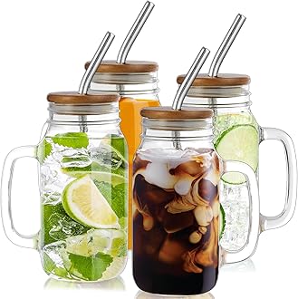 DRASTAR 24oz Iced Coffee Cups Set of 4, Mason Jar Cups, Glass Cups with Lids and Straws, Mason Jars with Handles, Mason Jar Drinking Glasses