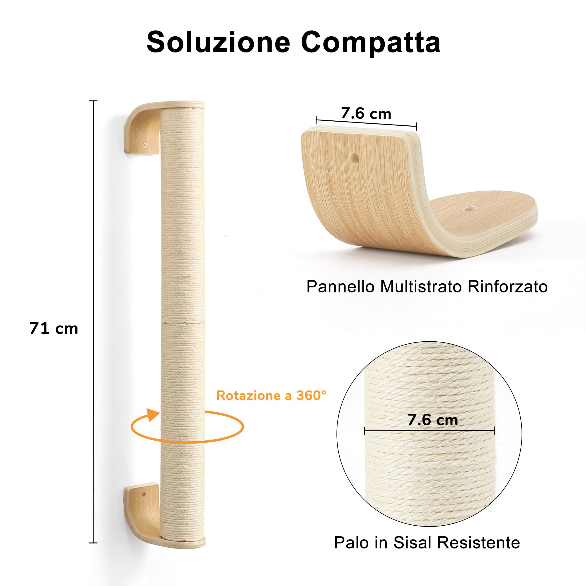 FUKUMARU Tiragraffi per Gatti da Parete, (L:71cm) Palo in Corda di Sisal Naturale a Muro per Gattini, Solido Albero per Arrampicare per Gatti Domestici.