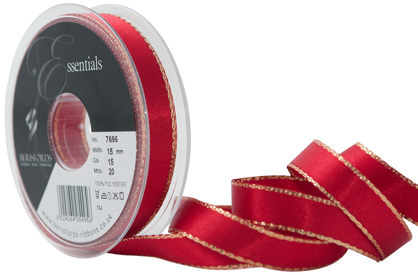 Berisfords Red 7696-Rd-15 15 Mm Gold Edge Satin Ribbon,