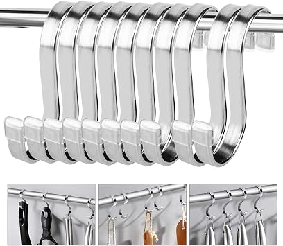 10 Pack Flat S Hooks - Stainless Steel Heavy Duty 3inch S Hooks for Hanging pots, Pans, Plants, Coffee Mugs, Towels in Kitchen and Bathroom, Coat, Bag, Work Shop, Perfect Rack Hooks