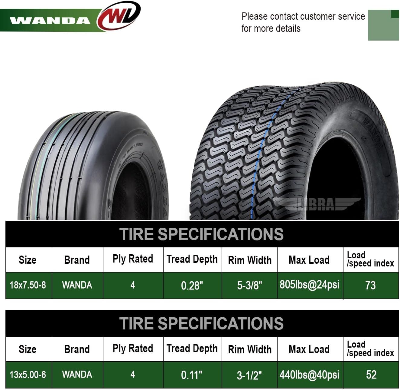 WANDA Set 4 Zero-Turn Lawn Mower Turf Tires 13x5-6 Front & 18X7.5-8 Rear /4PR -13080/13027