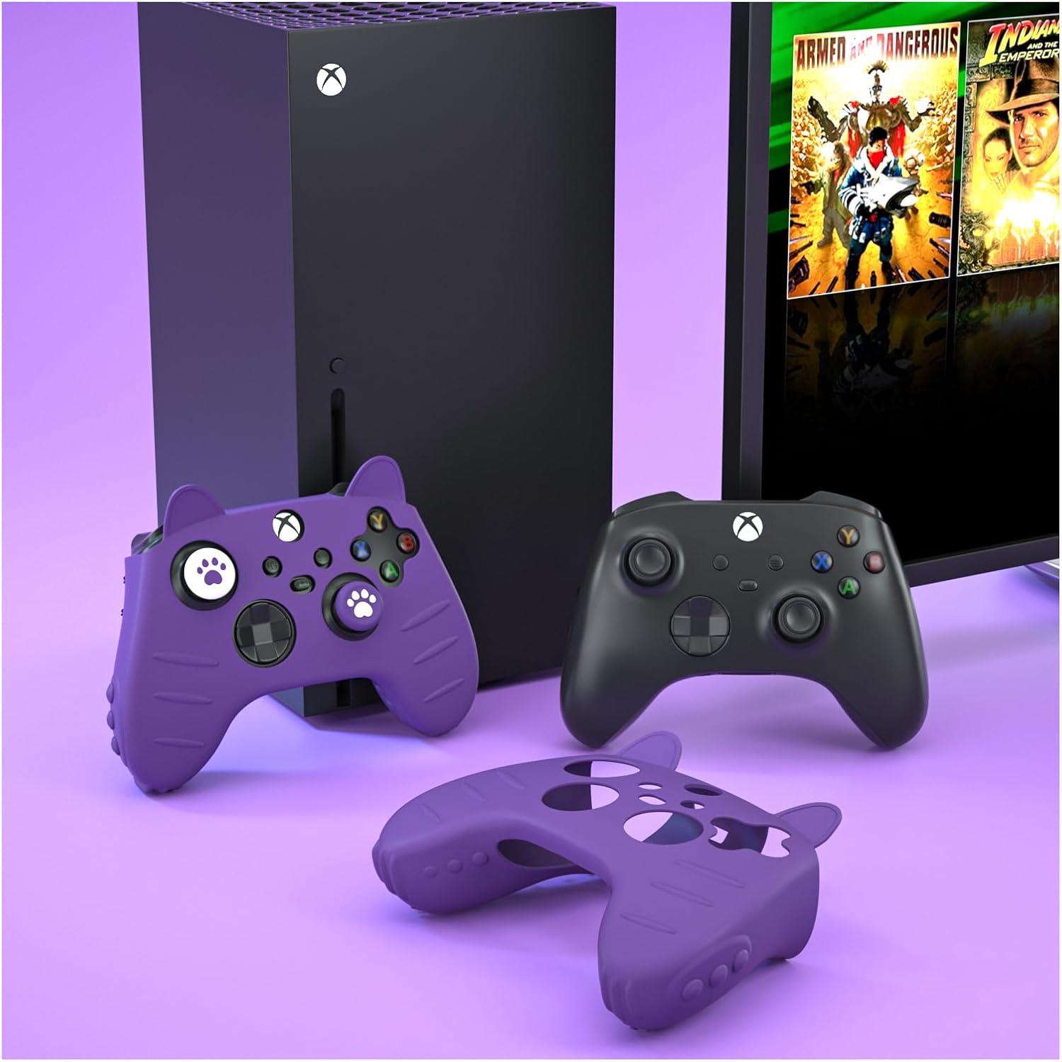 ECHZOVE Silicone Controller Case for Xbox Series X|S, Anti-Slip Grip Skin with Thumb Grip Caps, Joystick Protectors, and Console Wrap Sticker - Purple