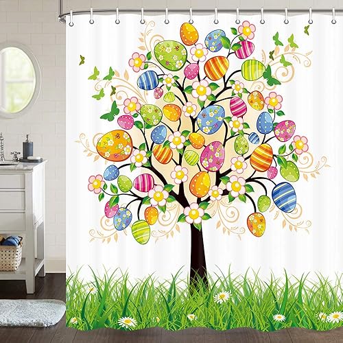 Miniatura 2 de JAWO Cortina de ducha de Pascua, huevos de Pascua, cortina de ducha de huevos de Pascua, huevos pintados, flores florales, mariposas, cortinas de