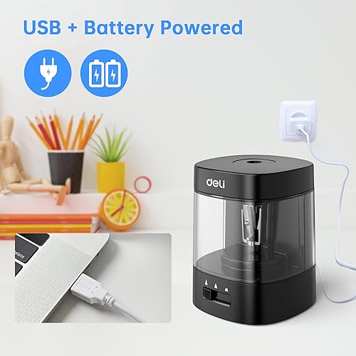 Miniatura 5 de Deli Sacapuntas eléctrico, sacapuntas automáticos para lápices n.º 2, lápices de colores, sacapuntas USB y funciona con pilas para niños, escuela
