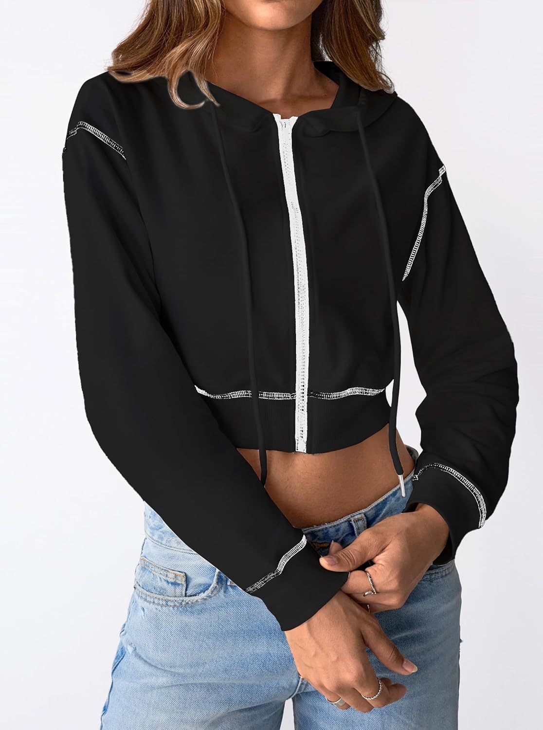 Remidoo Women's Zip Up Hoodie Cropped Sweatshirt Casual Contrast Trim Long Sleeve Tops - Image 3