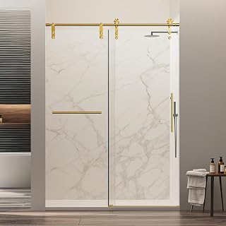 50-54" W x 76" H Frameless Sliding Shower Door, Safety Bathroom Single Sliding Glass Doors with 5/16" (8mm) SGCC Tempered Glass, Stainless Steel Handle and Heavy Duty Frame, Brushed Gold