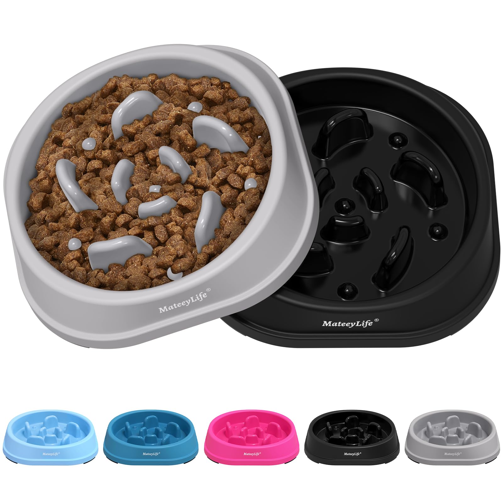 MateeyLife Small Slow Feeder Cat Bowls 2PCS, Anti-Choking Puzzle Cat Food Bowls, Anti-Slip Interactive Dog Feeding Slow Down Eating, Bloat Stop Maze Dishes Dog Feeder for Small Breeds 1 Cup Gray&Black