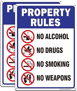 2 Pack Large Property Rules Sign, No Alcohol-No Drugs-No Smoking-No Weapons Sign, 14"x10" Rust Free Reflective Aluminum, Fade & Weather Resistant, UV Protected, Indoor/Outdoor Use, Easy to Mount