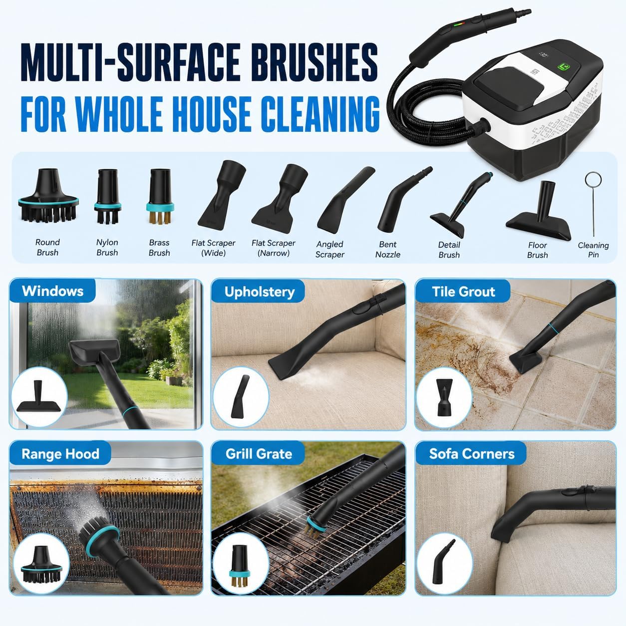 Steam Cleaner for Home & Car, 2500W 15s Heat-Up 60Min Runtime with 1.8L image 2
