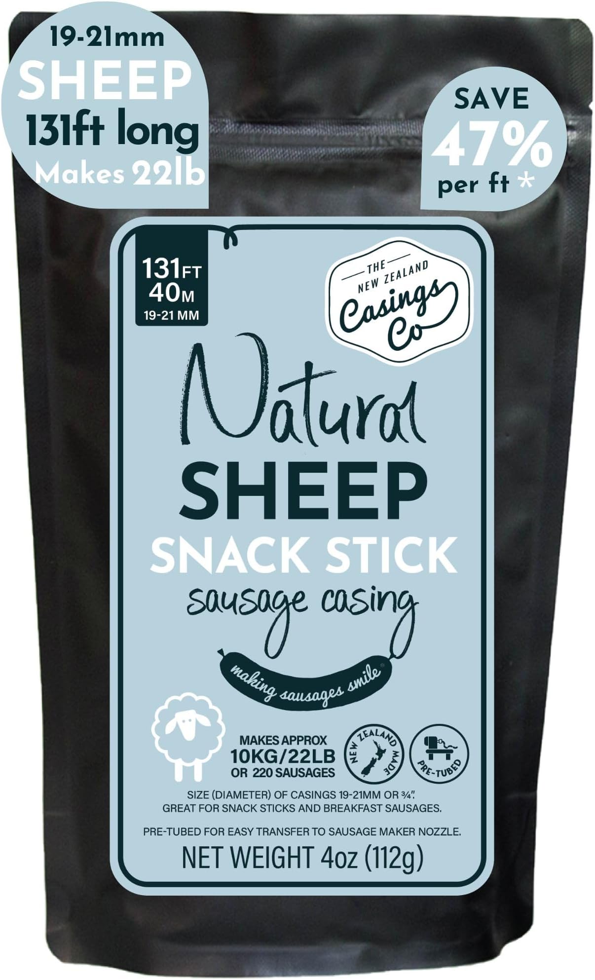 Snack Stick Casings - natural LAMB/SHEEP casings for sausage making. 19mm casing. Ideal sausage casings for Snack Sticks or Breakfast Sausage. Certified Halal Casings. 131ft, makes 22lb of sausages