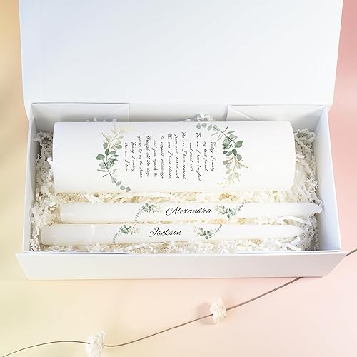 Miniatura 9 de Unity Candles for Wedding, Modern Unity Set, Custom and Personalized Taper Candles with Bible Quote, Unscented White Premium Wax, Religious and