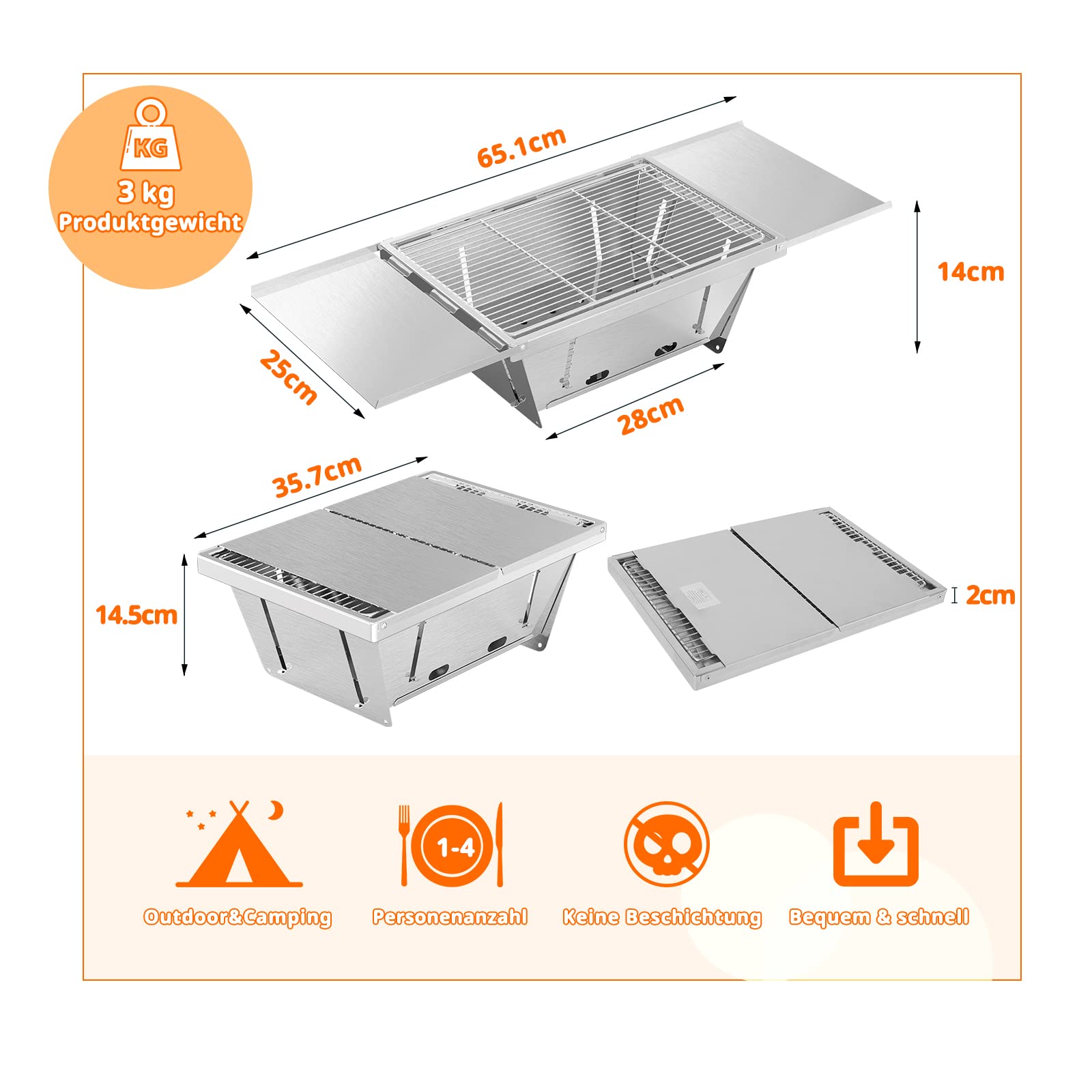 Dripex Barbecue a Carbone Portatile Griglia Pieghevole L'acciaio Piccolo Charcoal Grill Outdoor Picnic Grill per Campeggio BBQ Giardino Terrazza Party (Argento: 65 x 25 x 14cm)