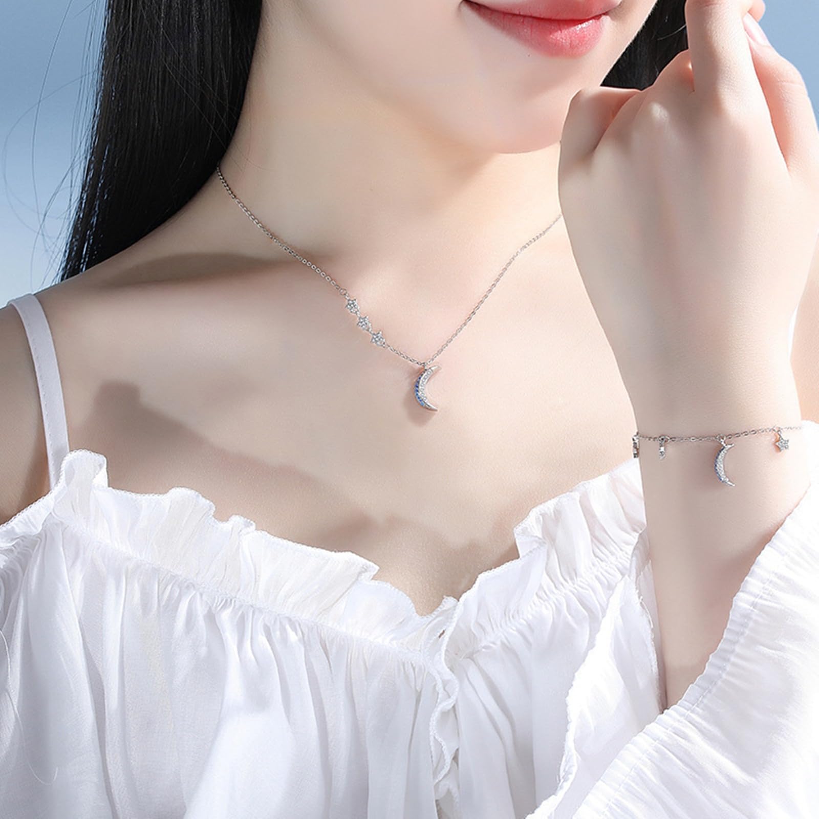 Collar de moissanita para mujer, collar de estrella de moissanita de oro blanco de 9K/14K/18K con colgante de luna, longitud: 40+5cm
