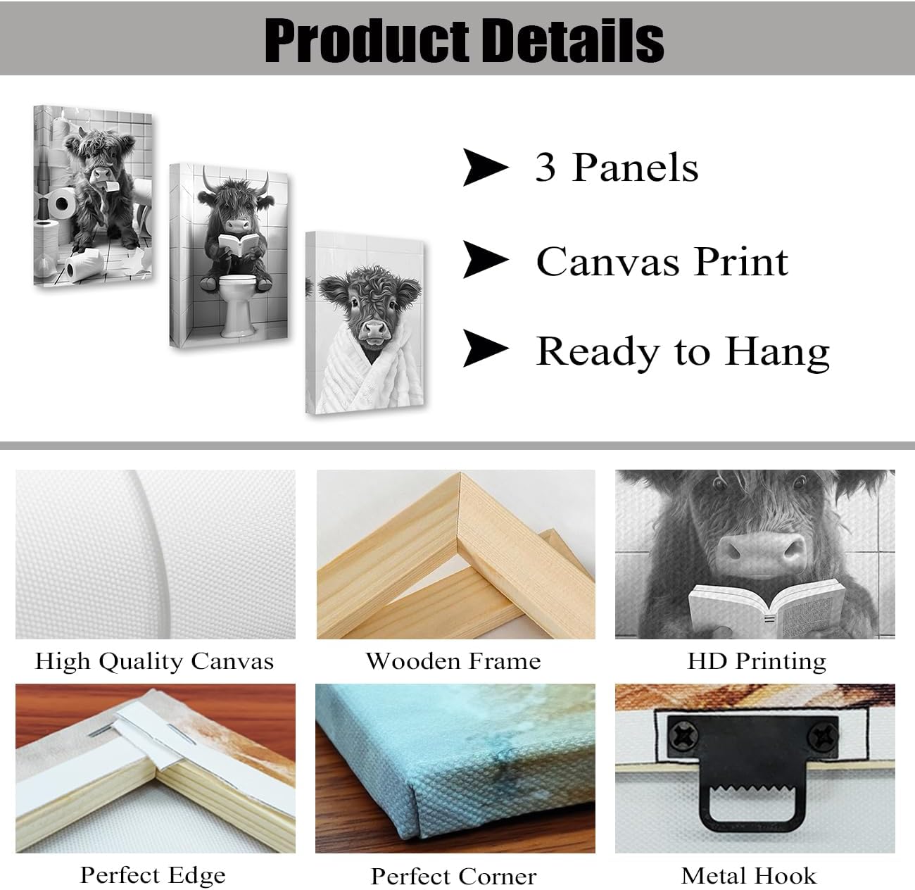DOARTDO Highland Cow Bathroom Wall Art Funny Animal Canvas Prints 3 Pieces Black and White Cattle Pictures Cute Animal Painting Restroom Toilet Decor Framed (12x16inchx3Pcs)