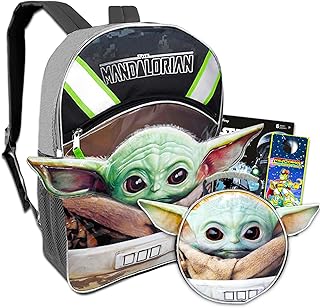 Baby Yoda Backpack with Lunch Box Set - Bundle with 16' Baby Yoda Backpack, Grogu Lunch Bag, Tote Bag, Stickers, Carabiner, More | Mandalorian Backpack for Kids