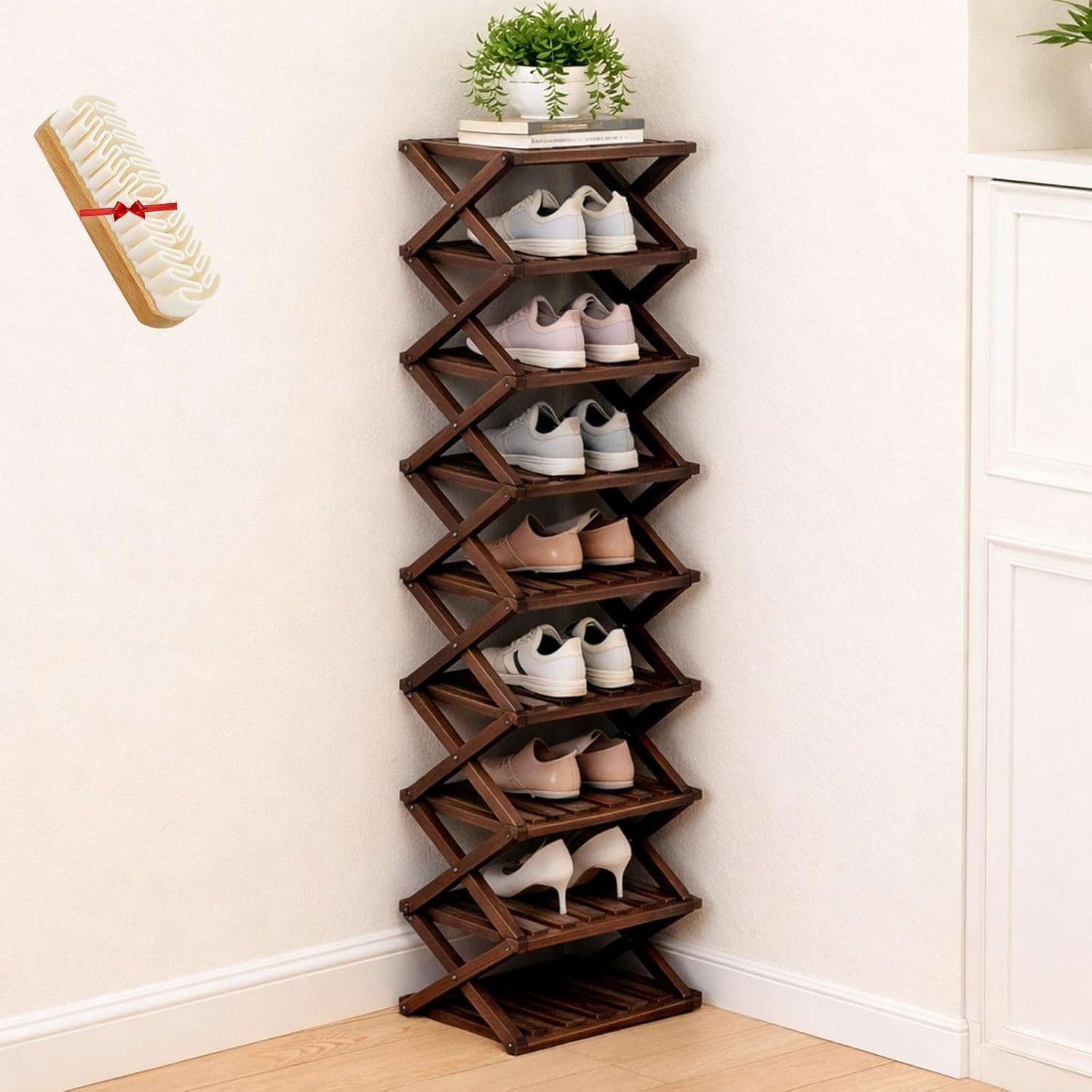 The 9-Tier No-Assembly Bamboo Rack, 2026 New Bamboo Shoe Rack Organizer with Collapsible Vertical Design, Folding Accordion Shoe Rack with 2–9 Tier Options for Entryway Closet Dorm (Brown,3)