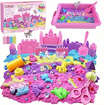 Unicorn Sensory Bin Sand Kit - 155 Pcs with 2.2lbs Sand, 9 Castle & 8 Unicorn Molds, 12 Tools, Tactile Sensory Fillers for Girls Age 4-9 Gifts