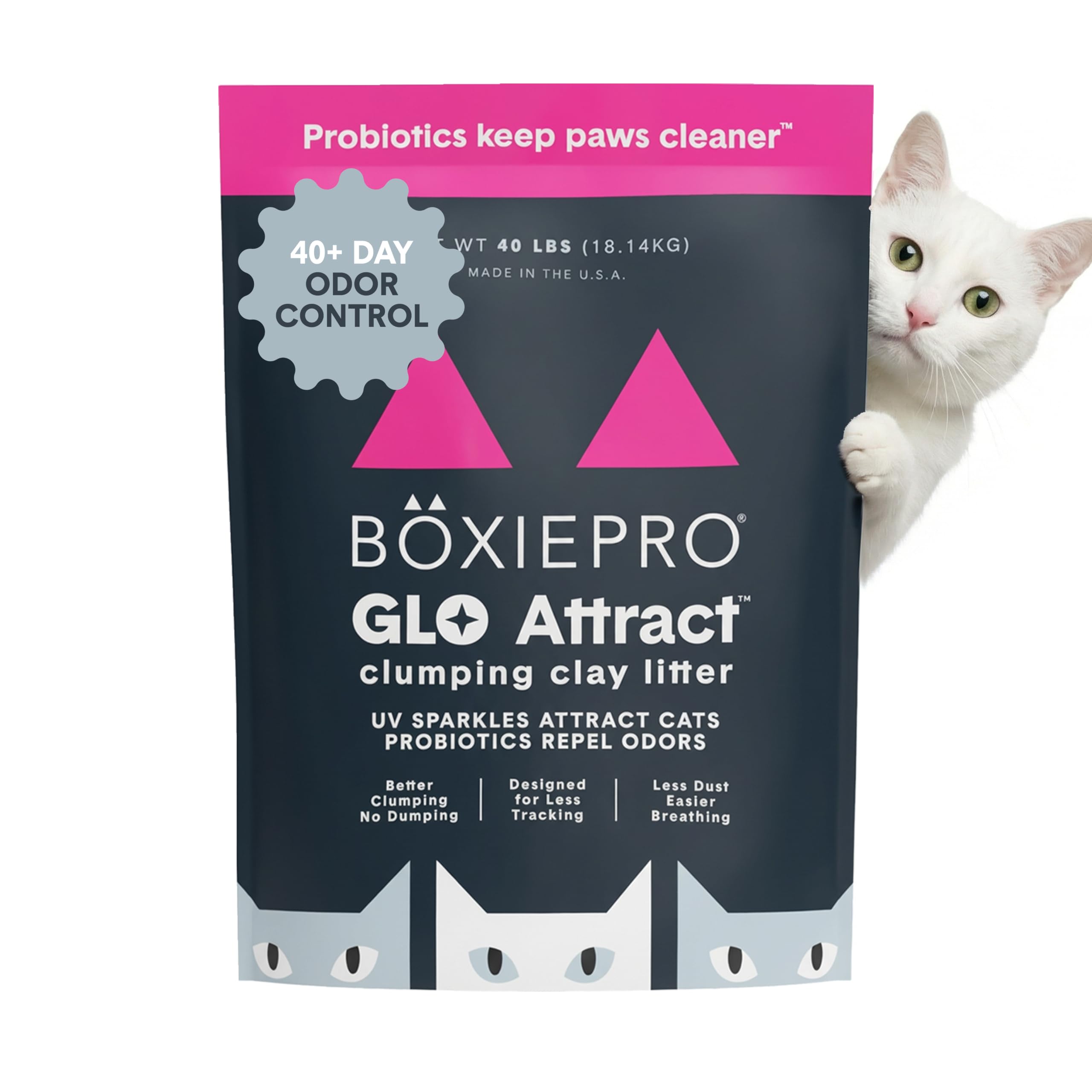 Boxie Glo Clumping Clay 30 Day Odor Control Cat Litter, 99.9% Dust-Free, Low Tracking, UV Light Attractant, 40 lb