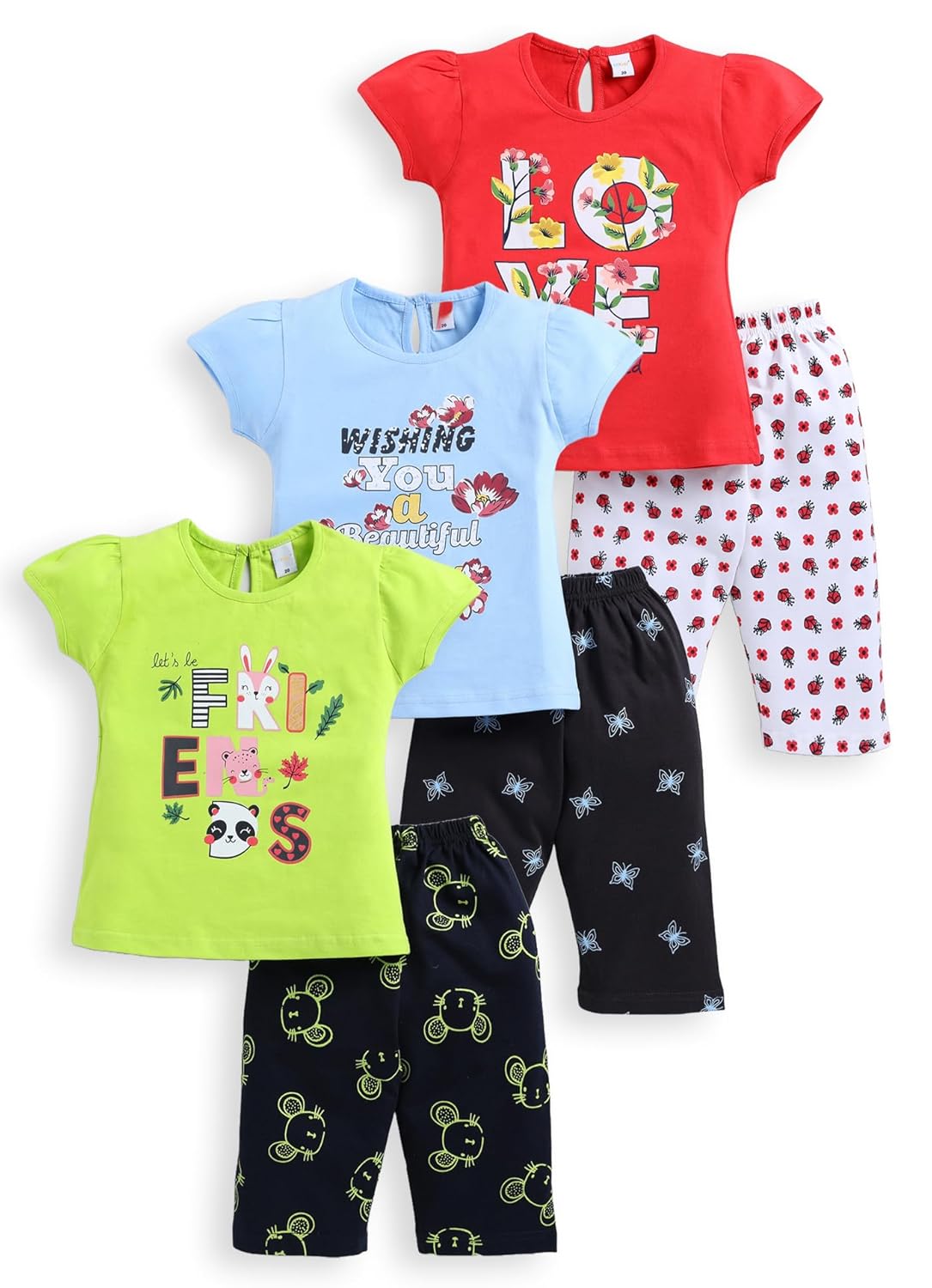 Girls Pure Cotton Capri Set for Girls Pack of 3, Multicolor| Top and Pant Set | Kids Dress | T-Shirts and Pants | Cotton Dress for Baby Girls