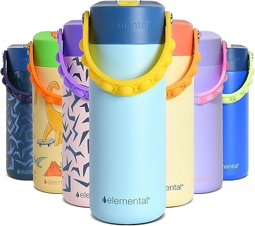 Miniatura 33 de Elemental Botella de agua aislada para niños, botella de agua de acero inoxidable con tapa de popote y asa Pop-it, botellas de agua a prueba de