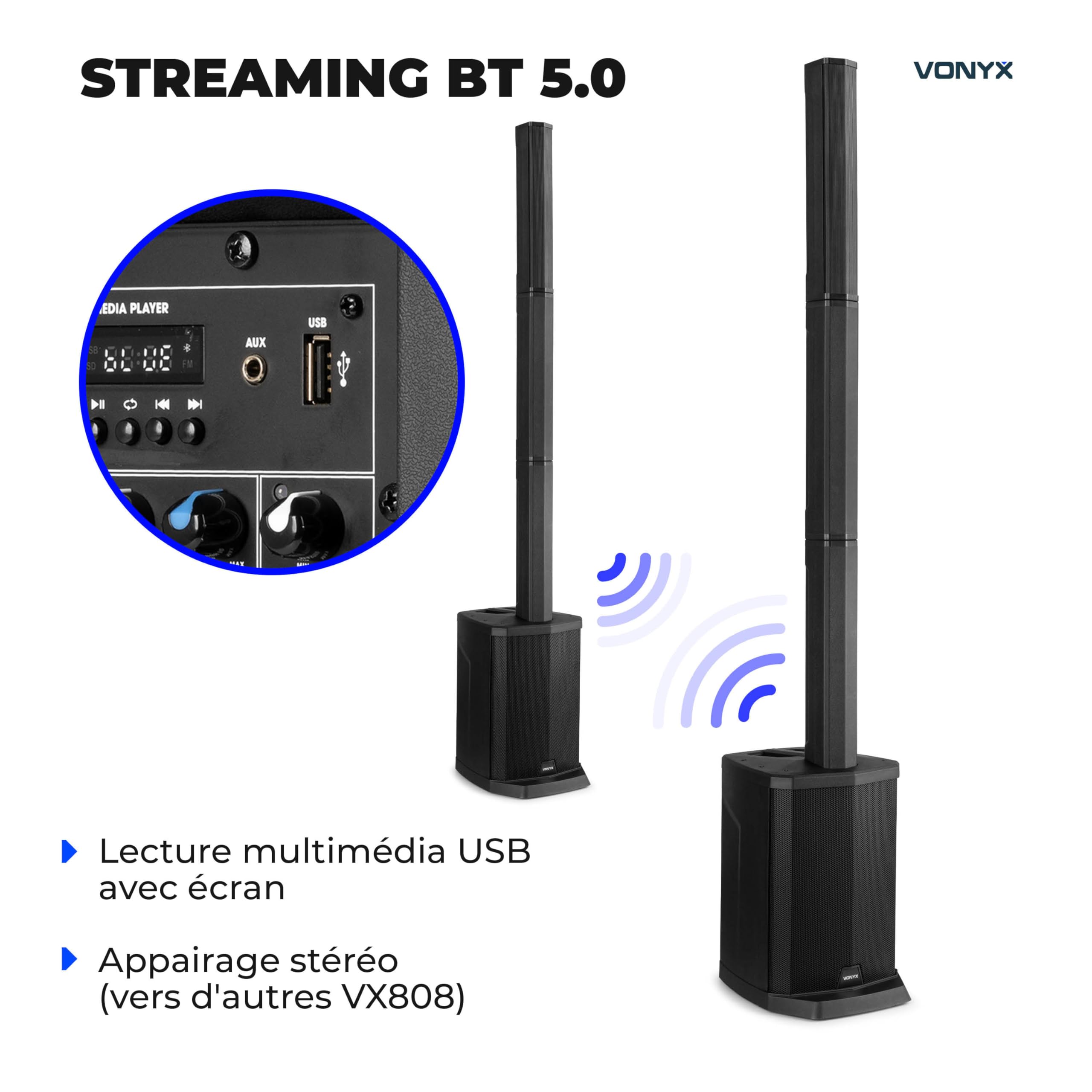 VONYX VX808B Enceinte Colonne Active 320W sur Batterie BT avec Contrôle Audio Intégré, Sono Portable DJ Extérieur et Animation