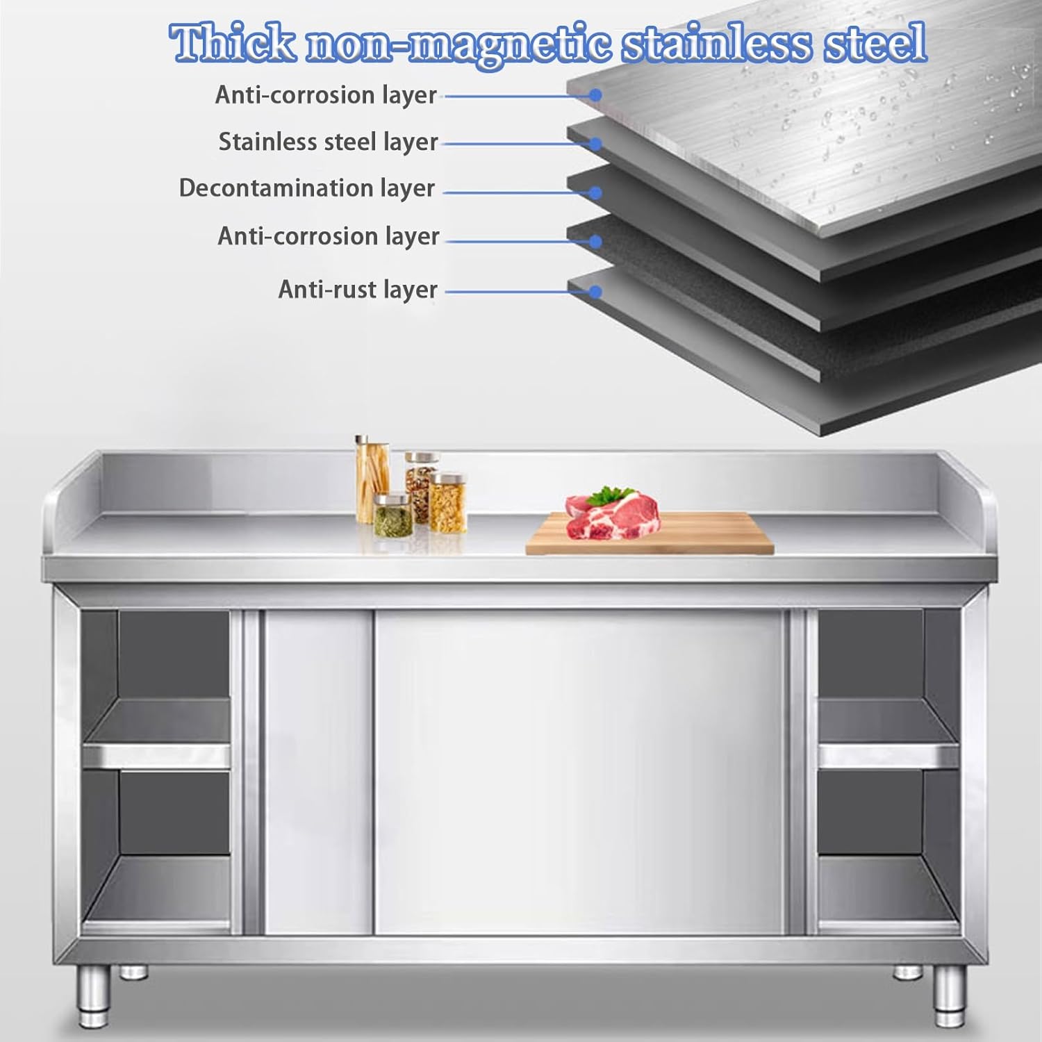 Stainless Steel Work Table Kitchen Prep Table, Food Prep Worktable, Single Pass Kitchen Worktop Storage Cabinets, Commercial Workbench with Sliding Doors and Backsplash, for Kitchen(80x40x80cm)