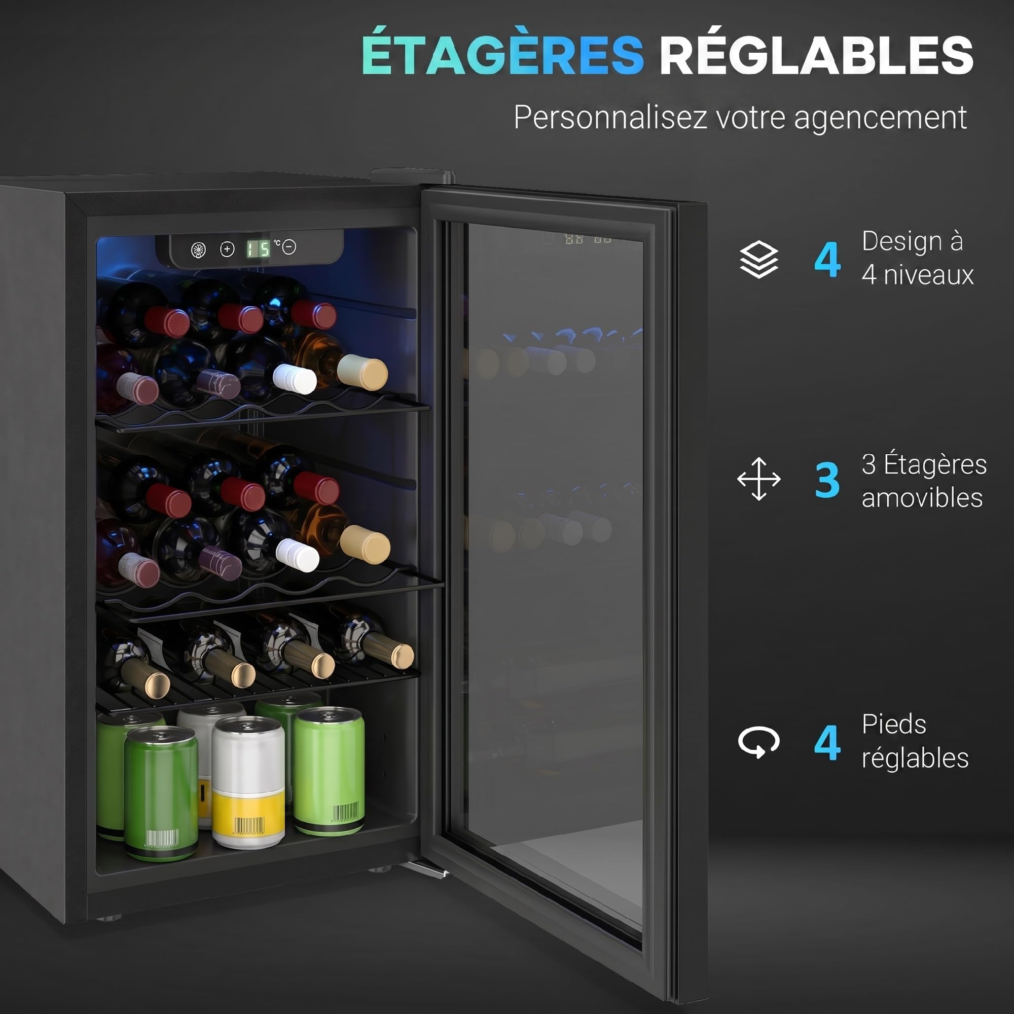 HOMCOM Cave à vin 24 bouteilles 68L, réfrigérateur à vin et boissons, température réglable 4-16°C, porte réversible verre trempé double, éclairage LED, écran tactile, noir