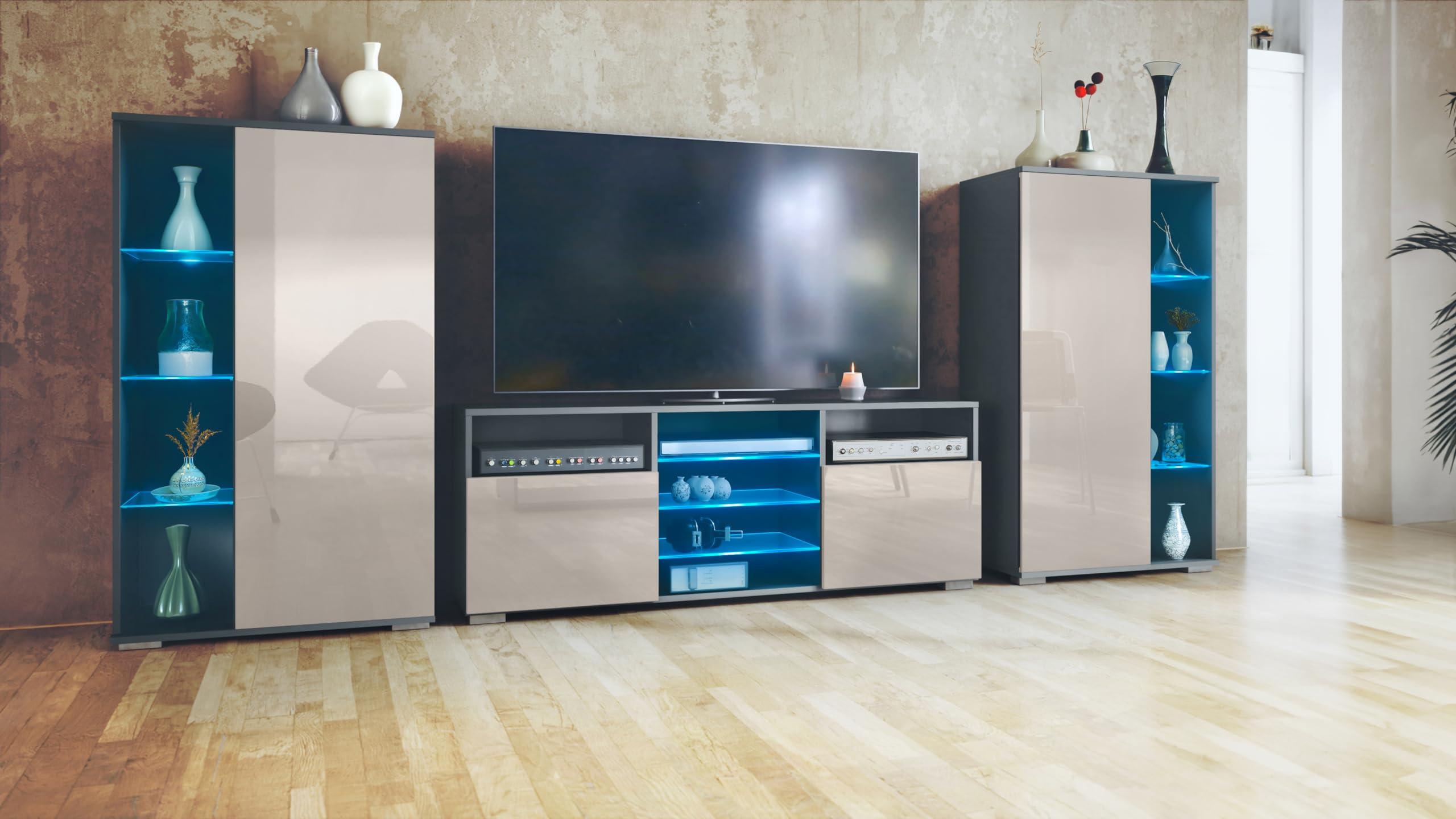 Vladon Wohnwand Davos, Anbauwand bestehend aus 2 Vitrinen und 1 TV-Board, Anthrazit matt/Sandgrau Hochglanz inkl. LED-Beleuchtung (329 x 134 x 35 cm)