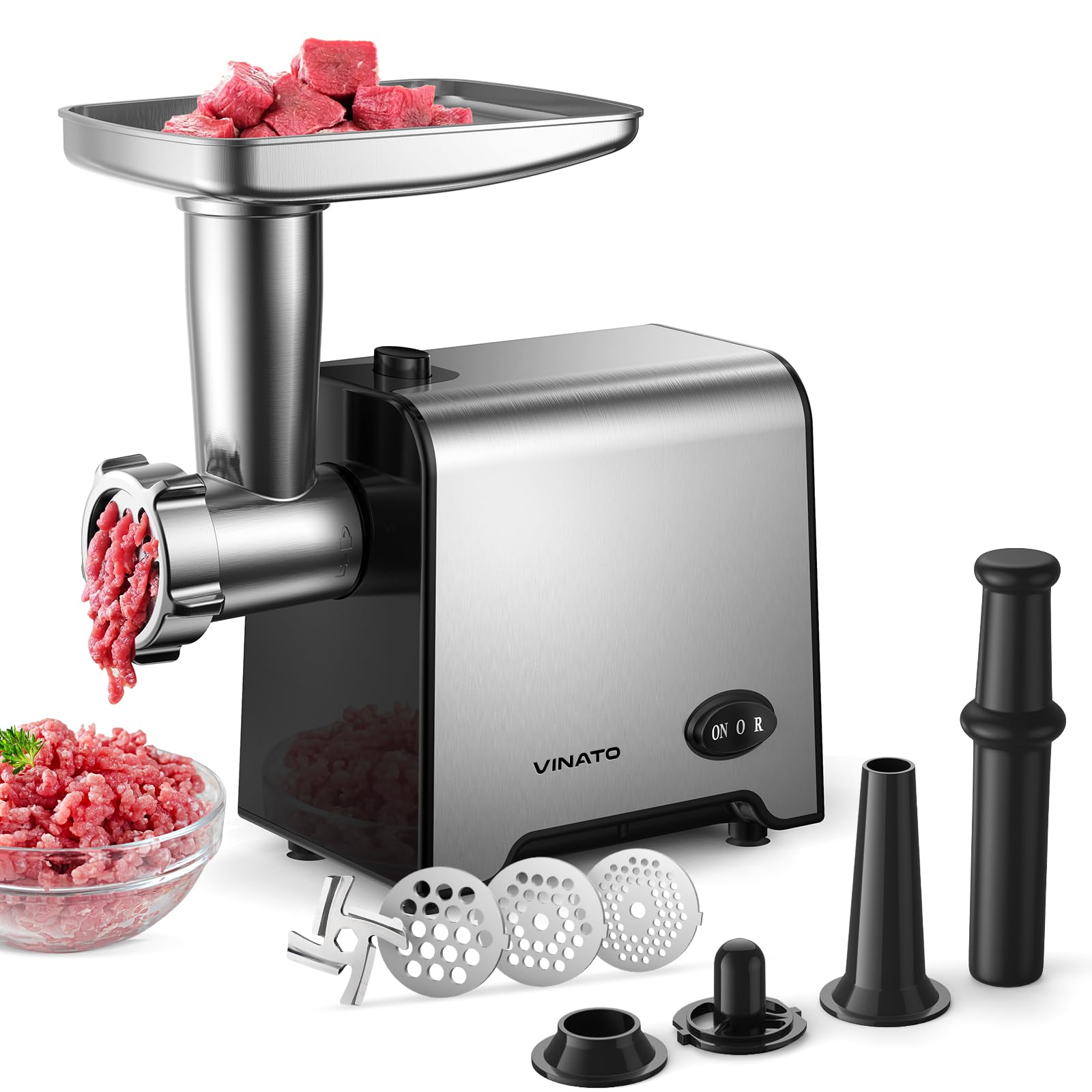 VINATO Tritacarne Elettrico, Accessorio per Salsicce CompactPower, 3 Dischi Perforati in Acciaio Inox (3, 5, 7mm), Manomentro, Accessorio per Kebbe