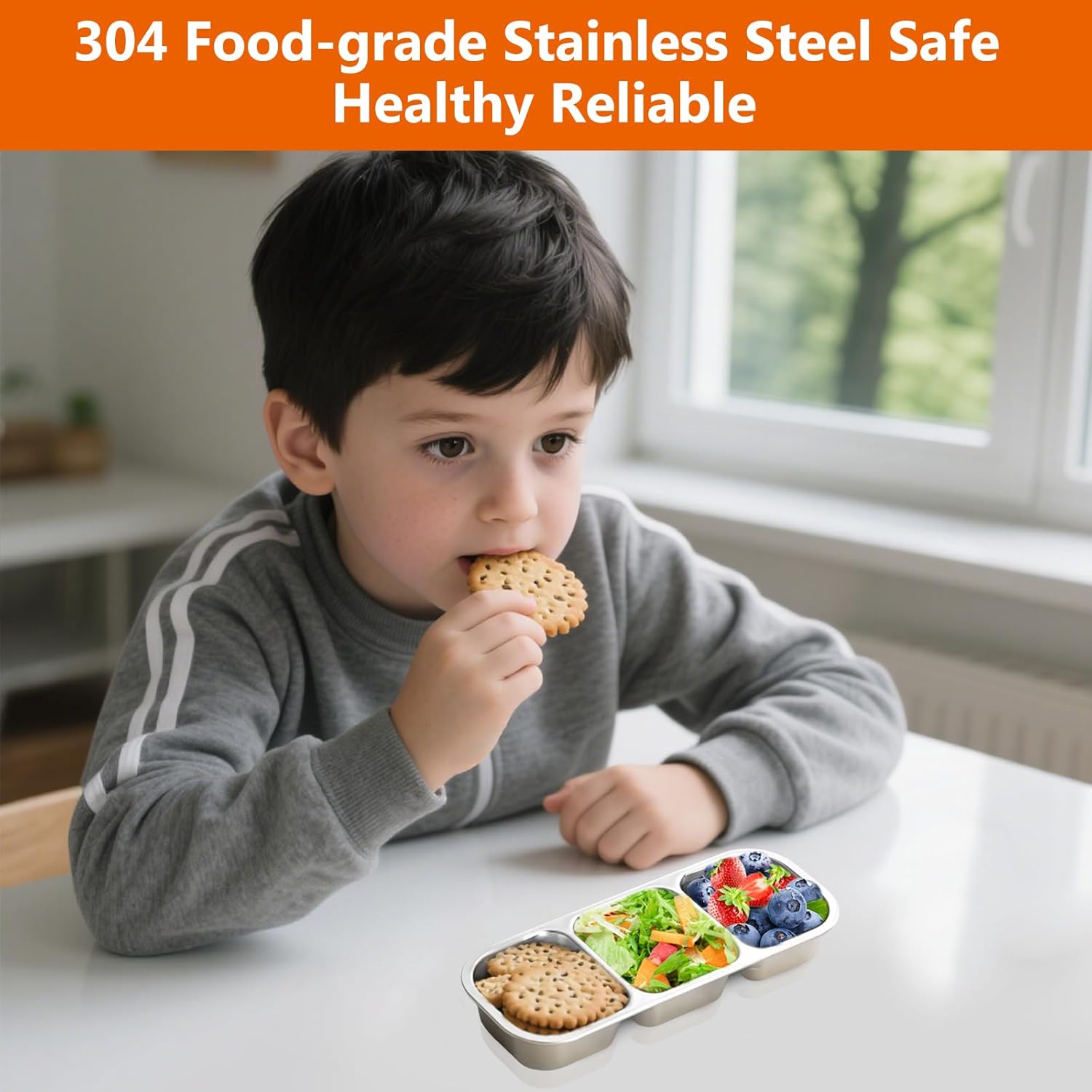 2Pack Stainless Steel Snack Containers, Double/Three Compartment Sauce Cups,Reusable Condiment Box with Lids, Divided Food Storage Containers for School, Home, Travel (2 Compartment + 3 Compartment) - Image 2