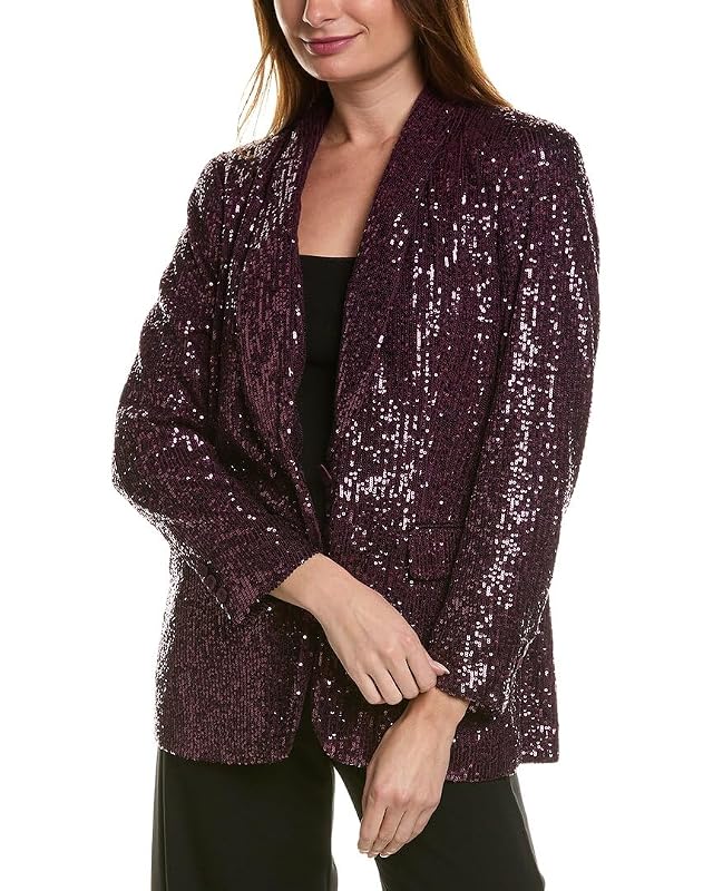 Anne Klein Womens Sequin Shawl Collar Jacket W Flap Pocket