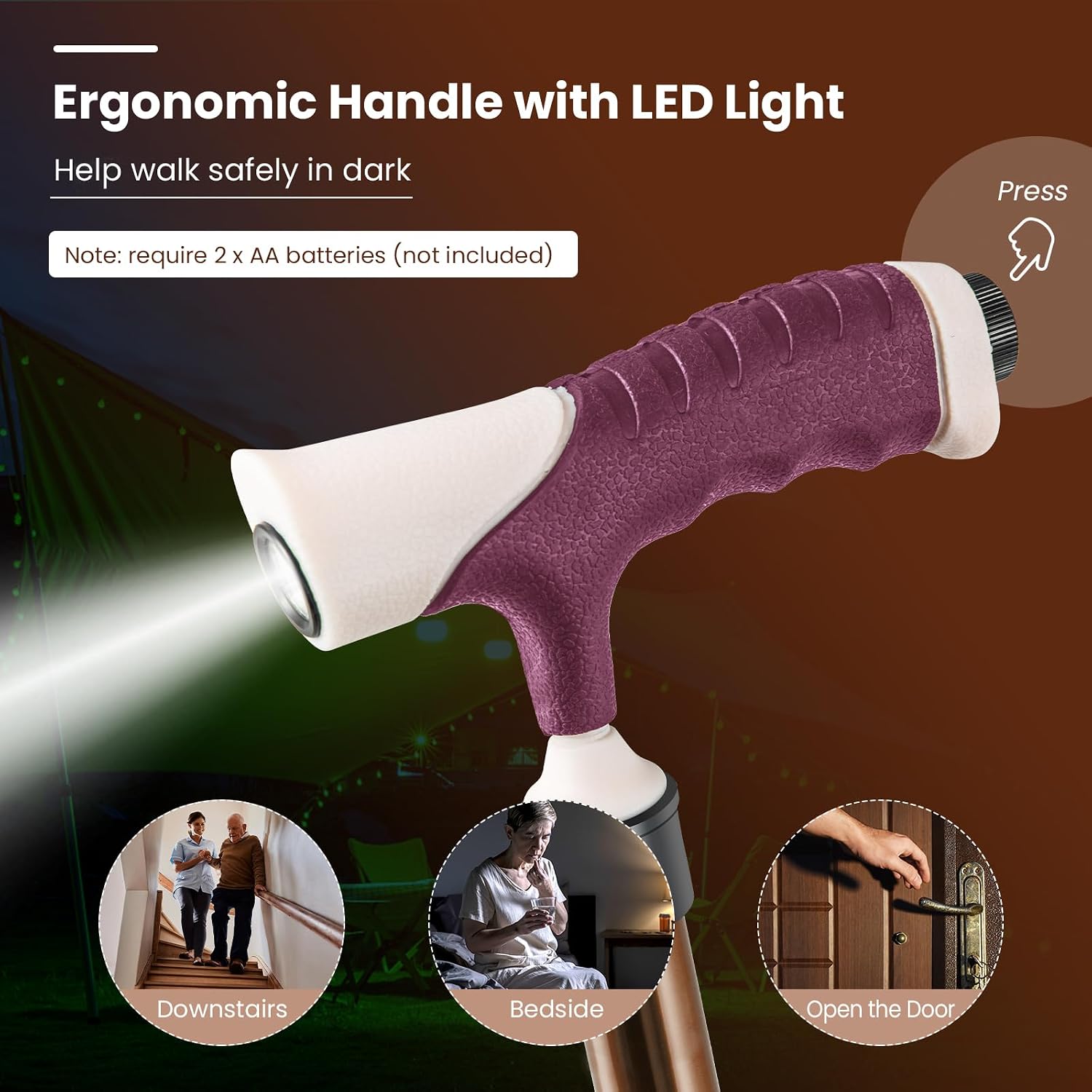 GYMAX Walking Stick Chair Combo, Folding Cane Seat with LED Light, Massage Seat Board & Ergonomic Handle, Adjustable Anti-Skid Walking Stick with Stool, Lightweight Outdoor Travel Rest Stool