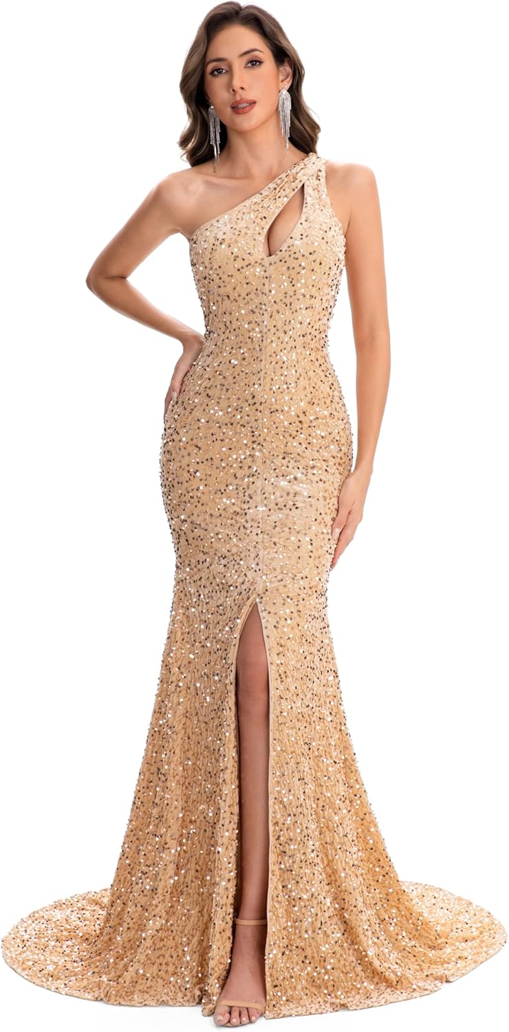 Formal Evening Prom Dresses for Women One Shoulder Cocktail Sequins Ball Gown