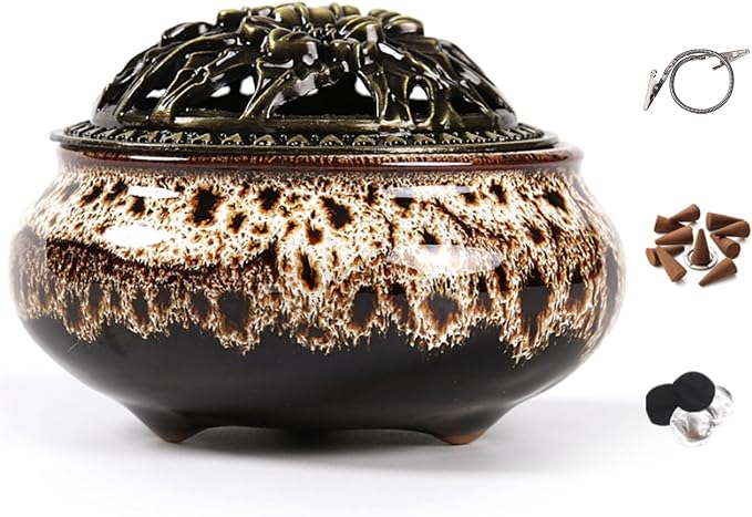 Incense Burner with Calabash Incense Stick Holder - Porcelain Charcoal Censer for Use with Resin Granular Powder Cone or Coil Incense (Fambe Gray)