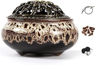 Incense Burner with Calabash Incense Stick Holder - Porcelain Charcoal Censer for Use with Resin Granular Powder Cone or Coil Incense (Fambe Gray)