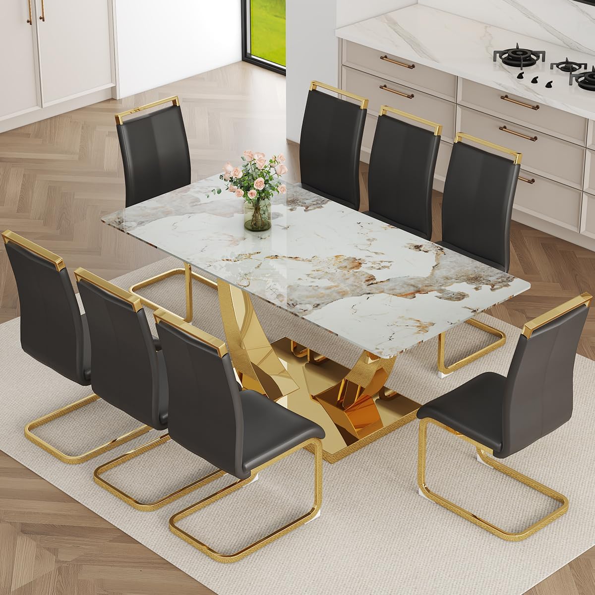 71” Faux Marble Dining Table Set for 8, Rectangular Dining Room Table Set for 8, Gold Kitchen Table and 8 Black PU Leather Chairs, Tempered Glass Table Top with Gold Base